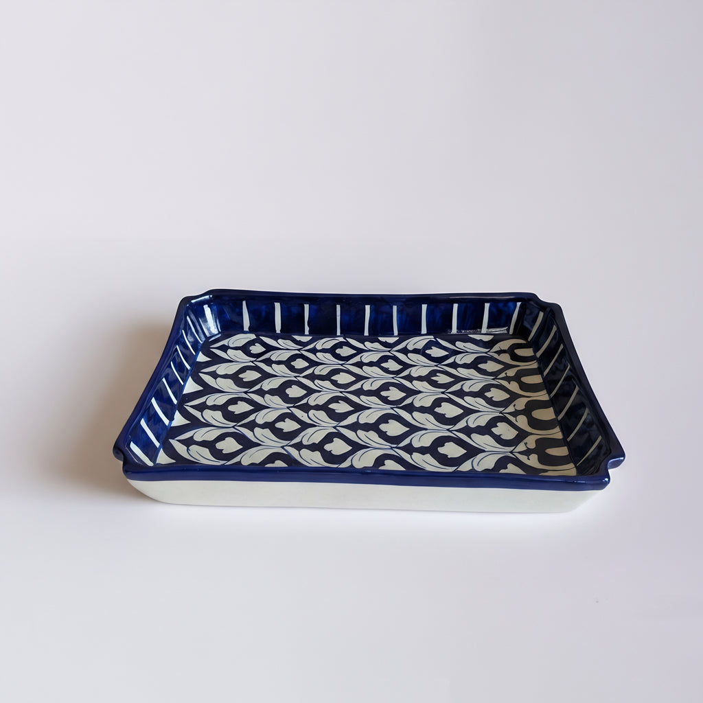 Blue Pottery Geometric Floral Rectangular Serving Dish – 10x7 Inch