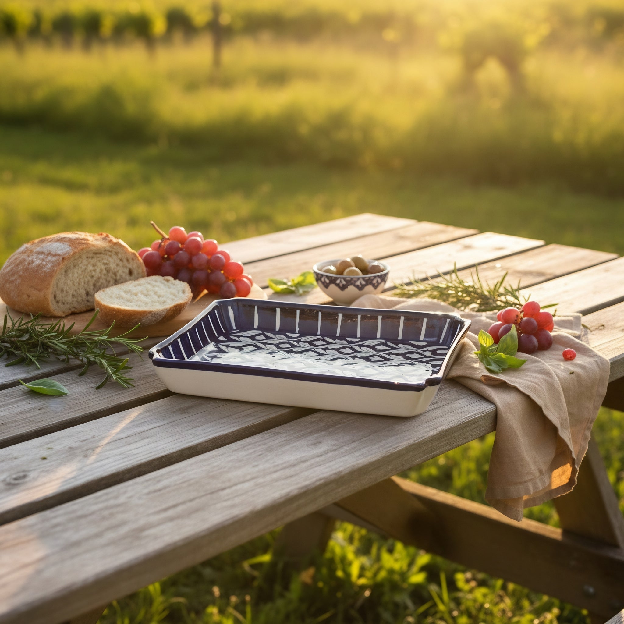 Blue Pottery Geometric Floral Rectangular Serving Dish – 10x7 Inch