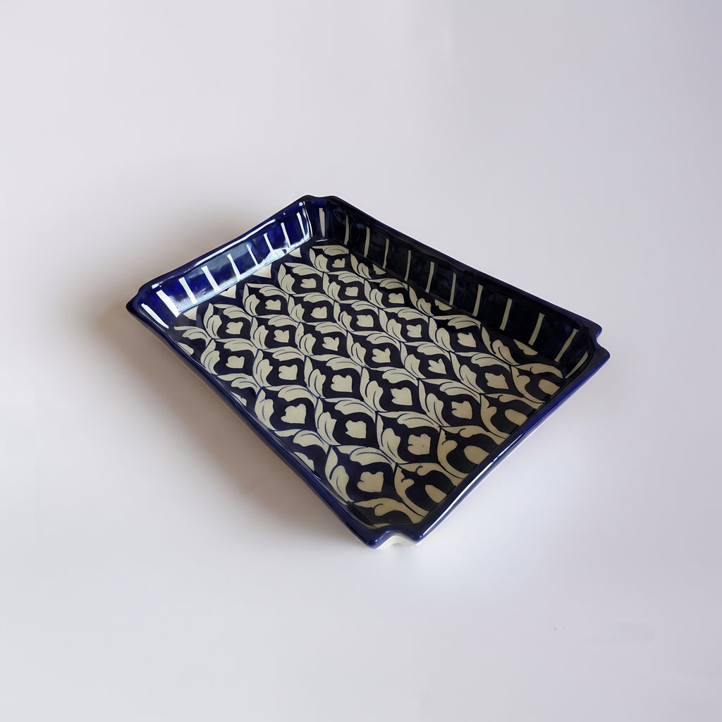 Blue Pottery Geometric Floral Rectangular Serving Dish – 10x7 Inch