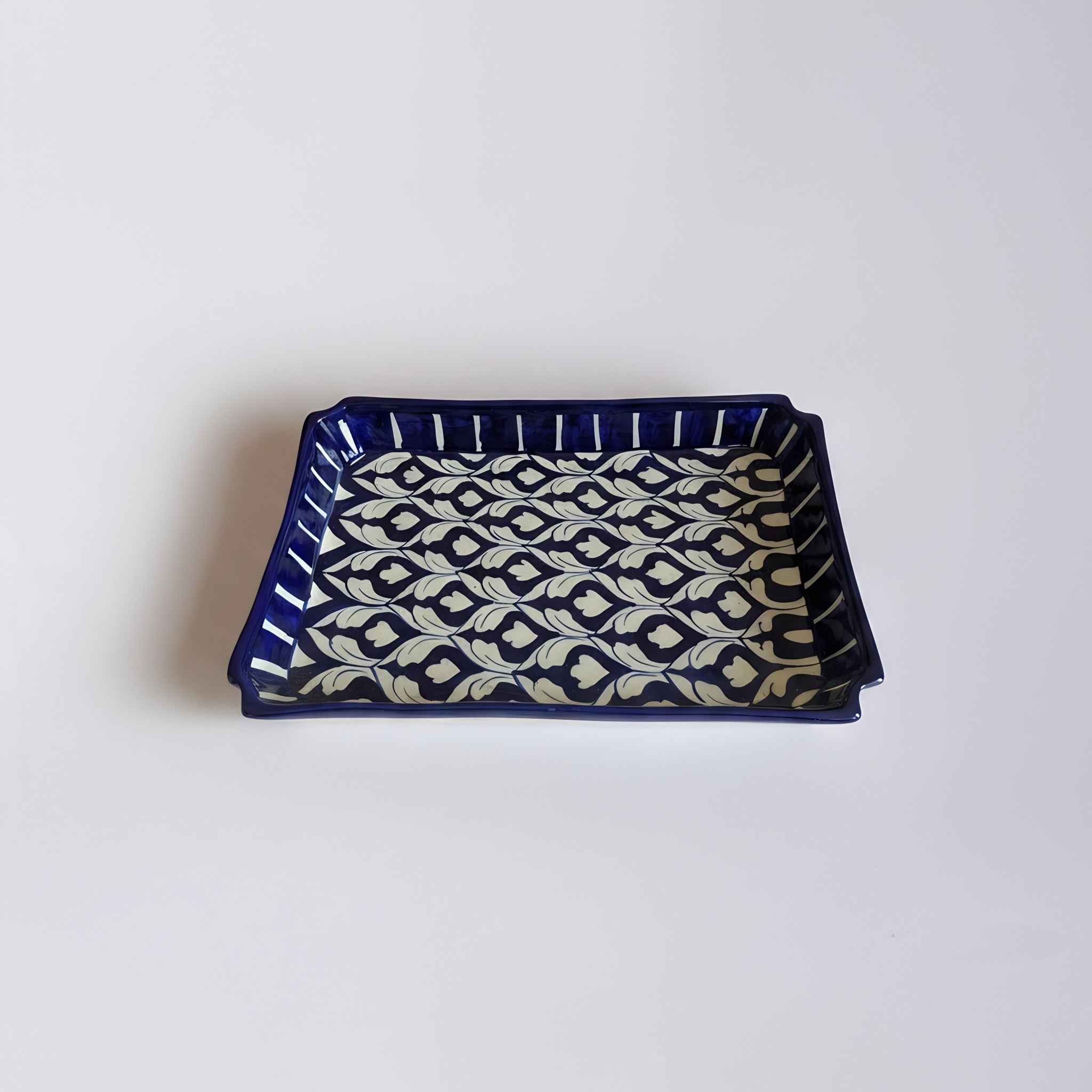 Blue Pottery Geometric Floral Rectangular Serving Dish – 10x7 Inch