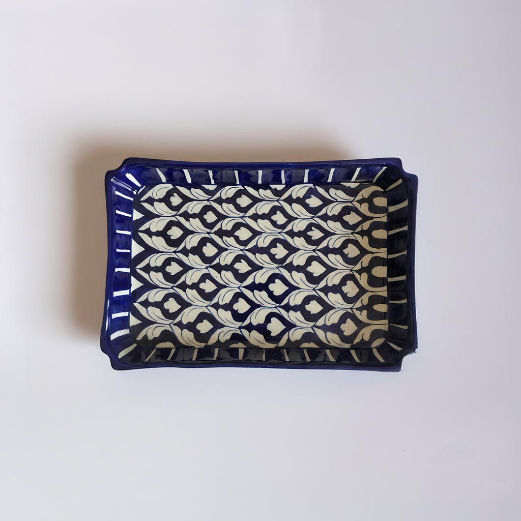 Blue Pottery Geometric Floral Rectangular Serving Dish – 10x7 Inch