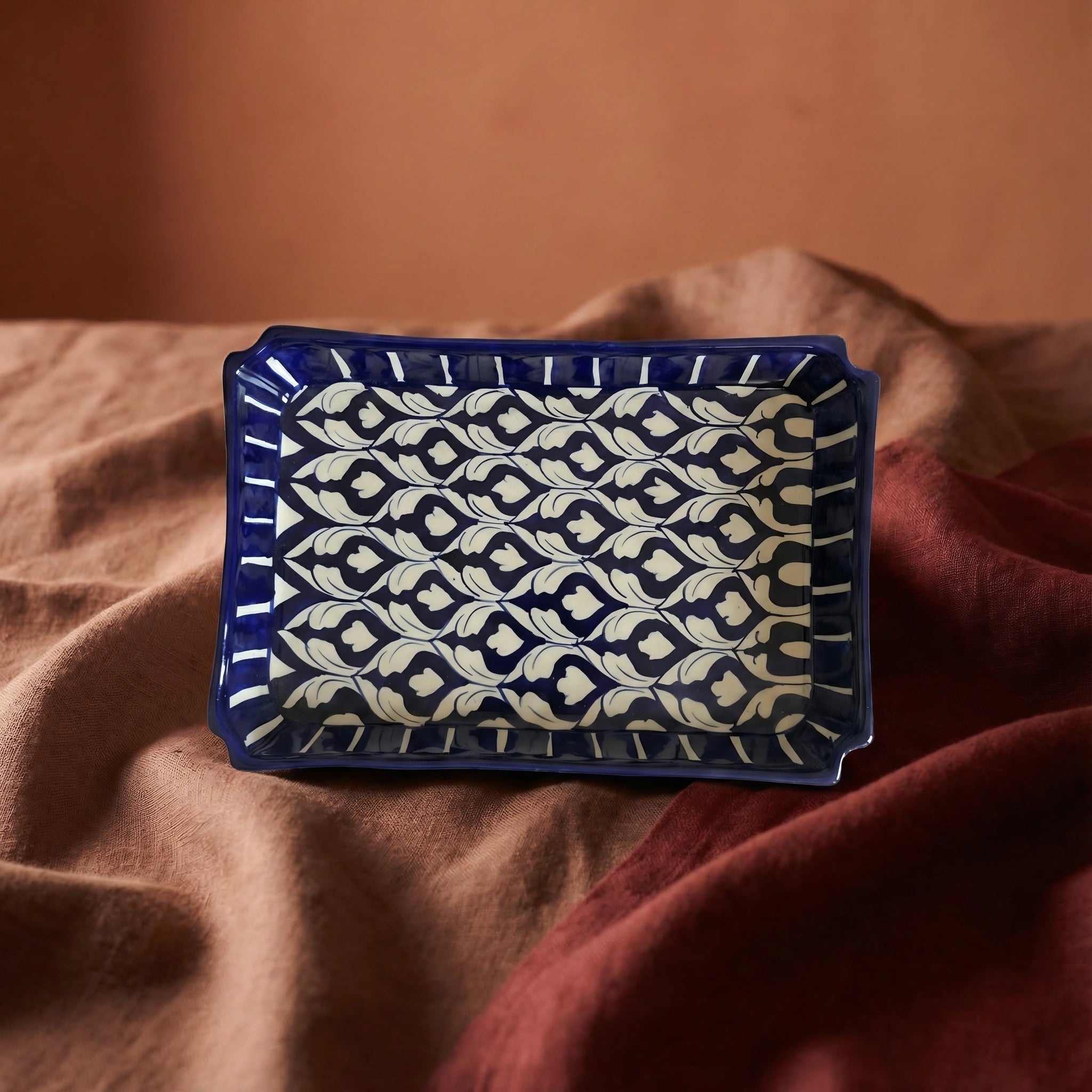 Blue Pottery Geometric Floral Rectangular Serving Dish – 10x7 Inch