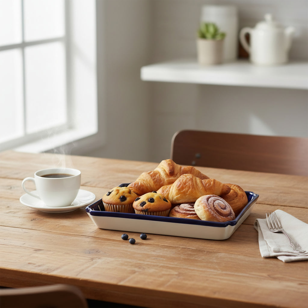Blue Pottery Geometric Floral Rectangular Serving Dish – 10x7 Inch