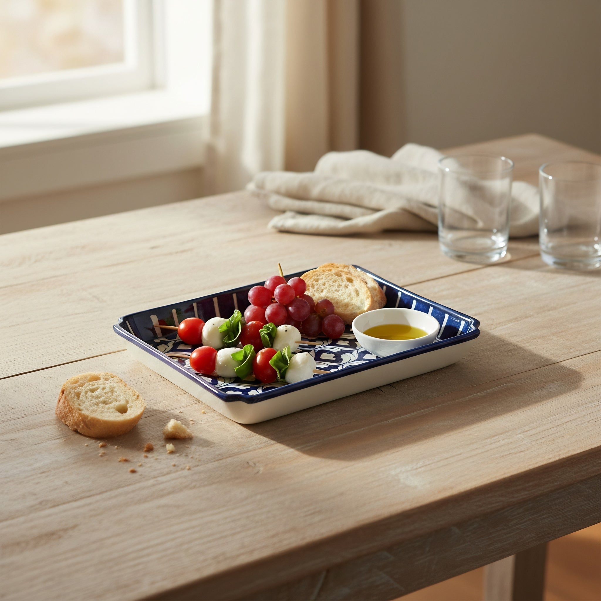 Blue Pottery Geometric Floral Rectangular Serving Dish – 10x7 Inch