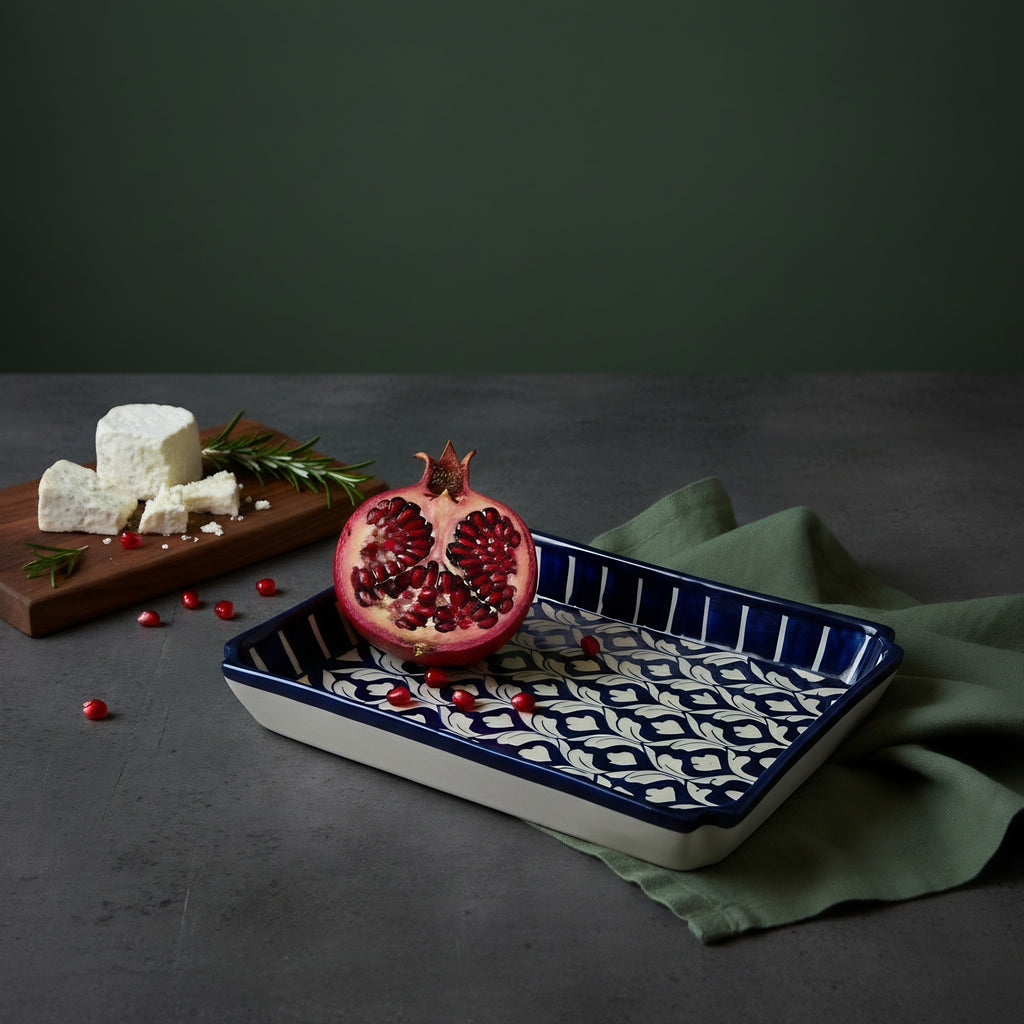 Blue Pottery Geometric Floral Rectangular Serving Dish – 10x7 Inch