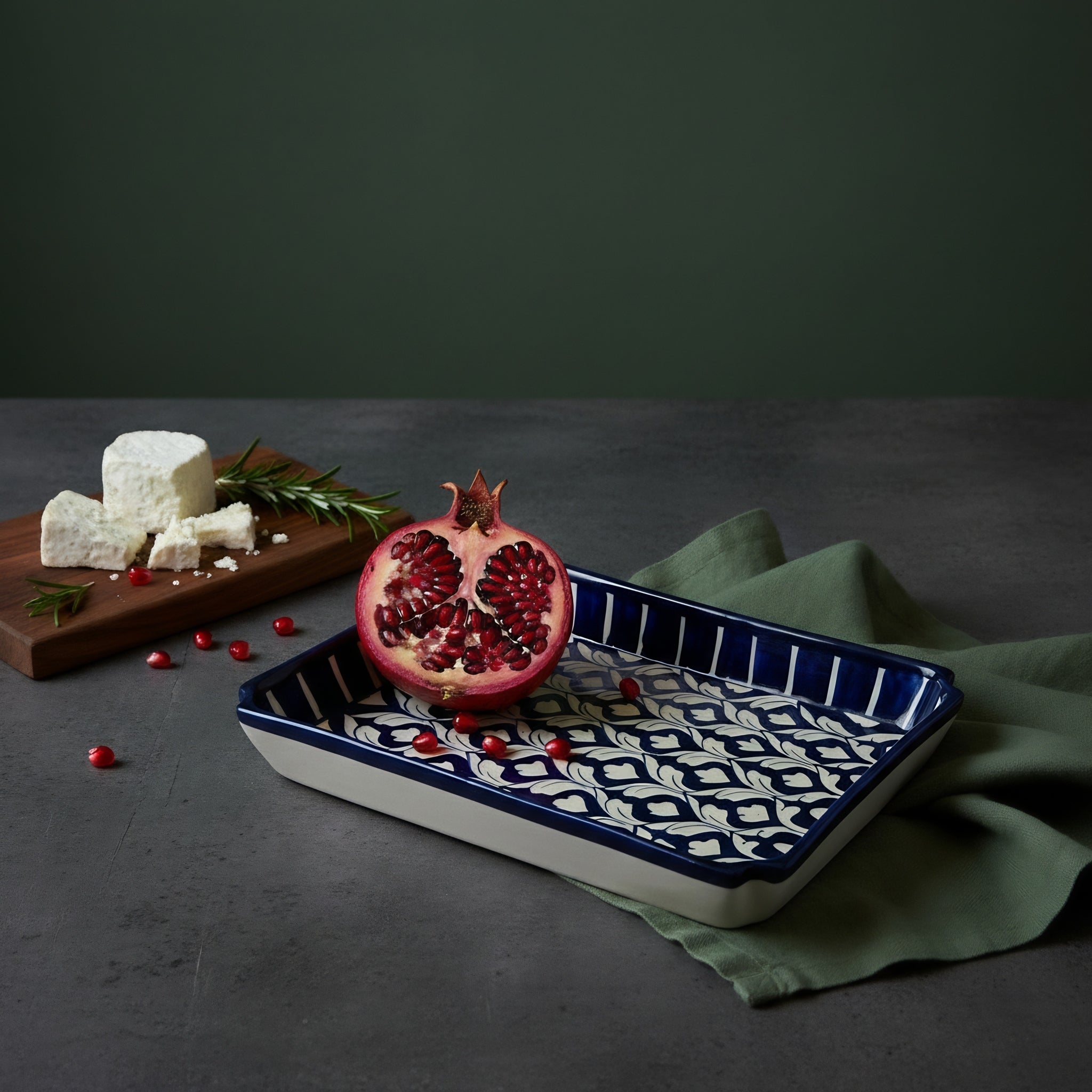 Blue Pottery Geometric Floral Rectangular Serving Dish – 10x7 Inch