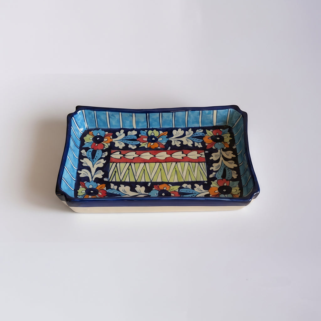 Multicolor Ceramic Blue Pottery Rectangular Serving Dish – 10x7 Inch
