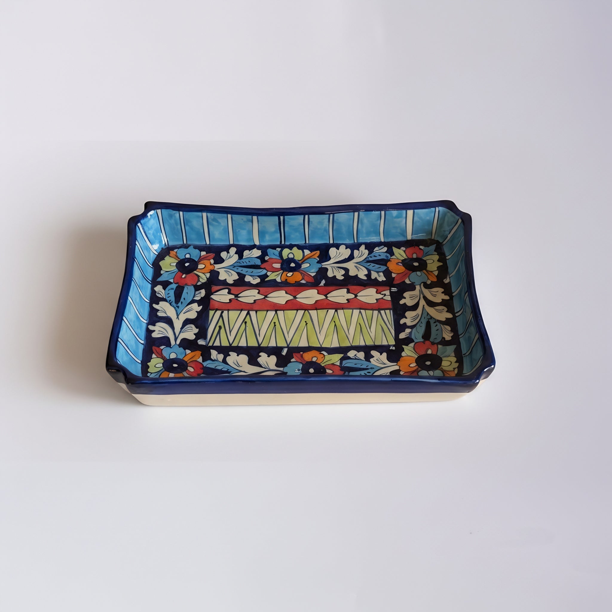 Multicolor Ceramic Blue Pottery Rectangular Serving Dish – 10x7 Inch