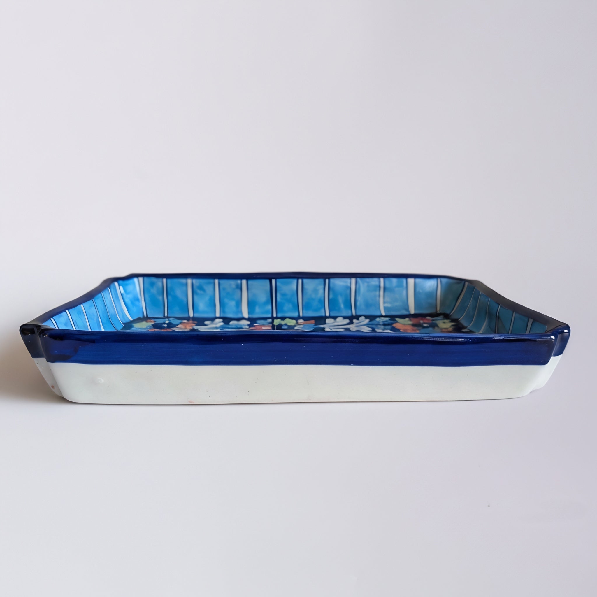 Multicolor Ceramic Blue Pottery Rectangular Serving Dish – 10x7 Inch