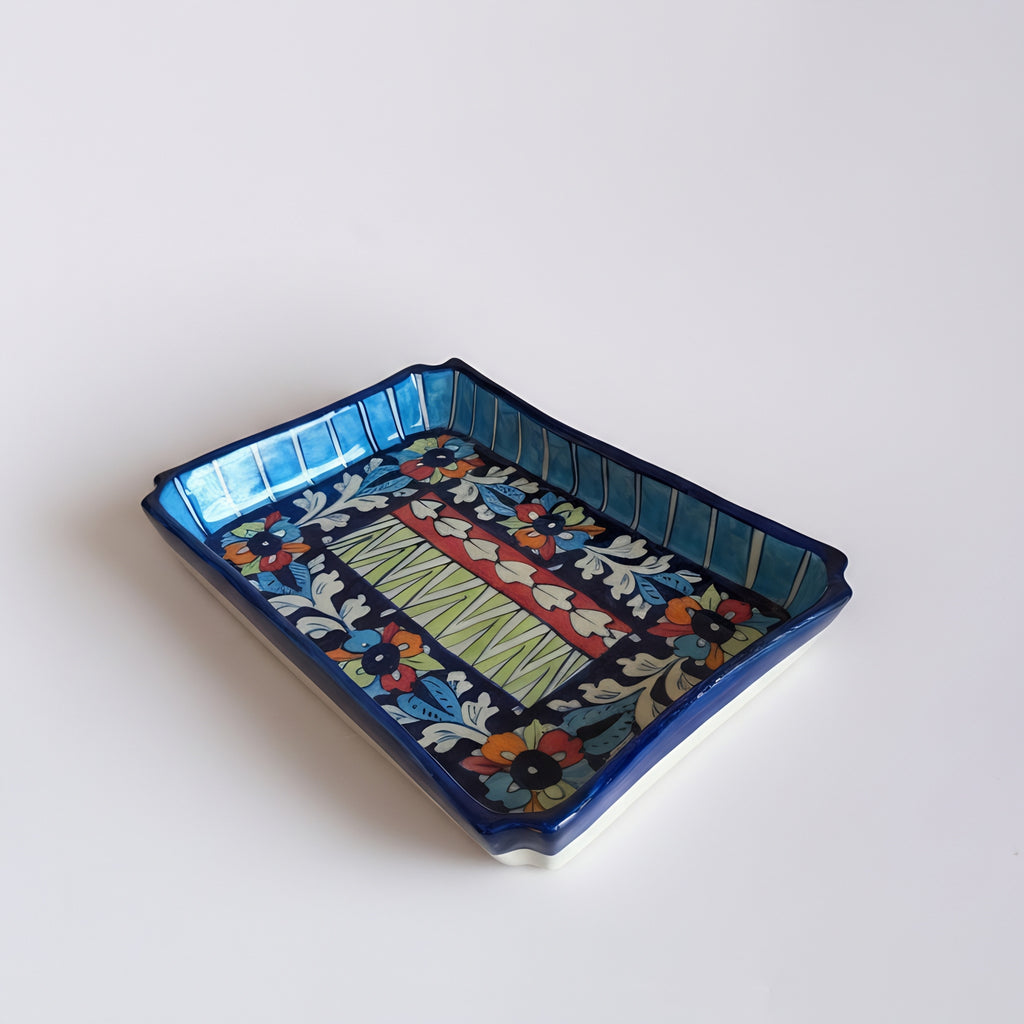 Multicolor Ceramic Blue Pottery Rectangular Serving Dish – 10x7 Inch