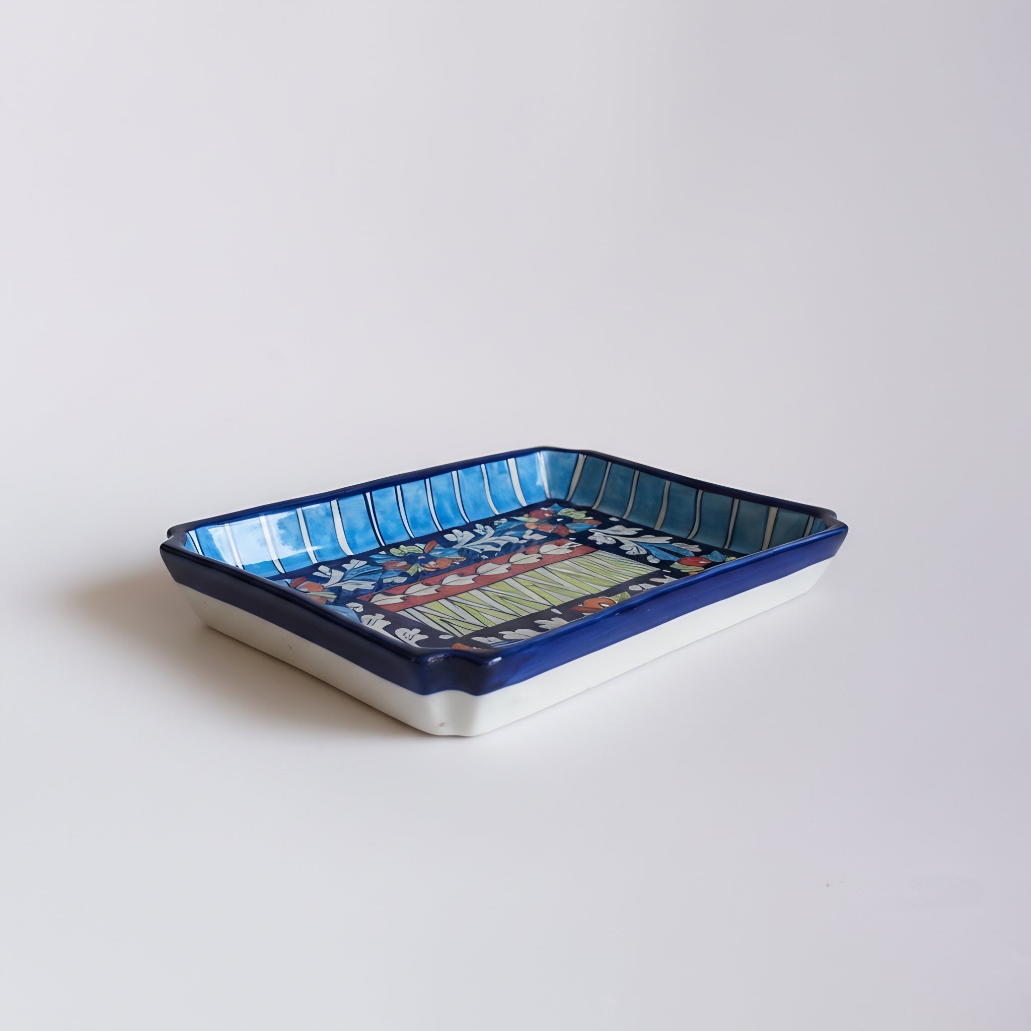 Multicolor Ceramic Blue Pottery Rectangular Serving Dish – 10x7 Inch