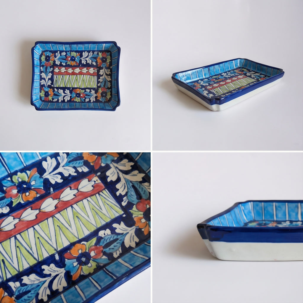 Multicolor Ceramic Blue Pottery Rectangular Serving Dish – 10x7 Inch