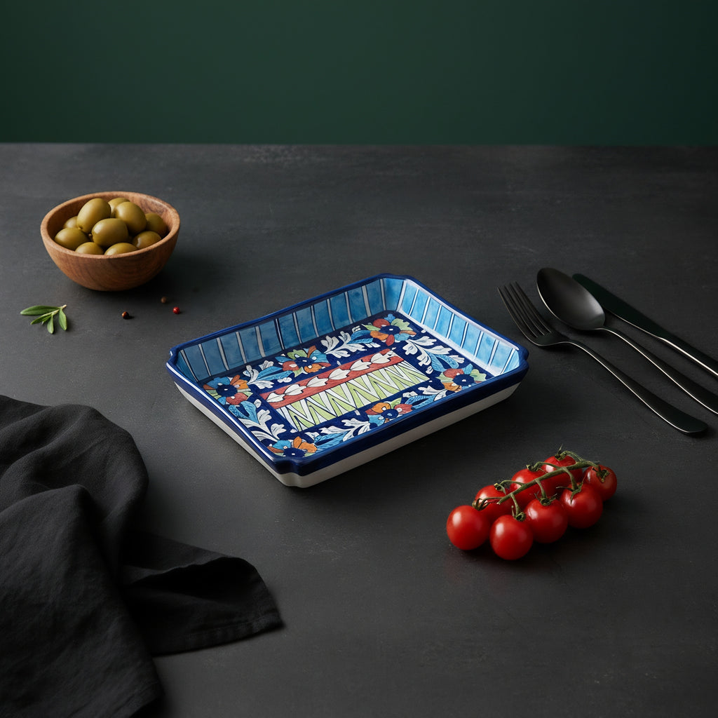 Multicolor Ceramic Blue Pottery Rectangular Serving Dish – 10x7 Inch