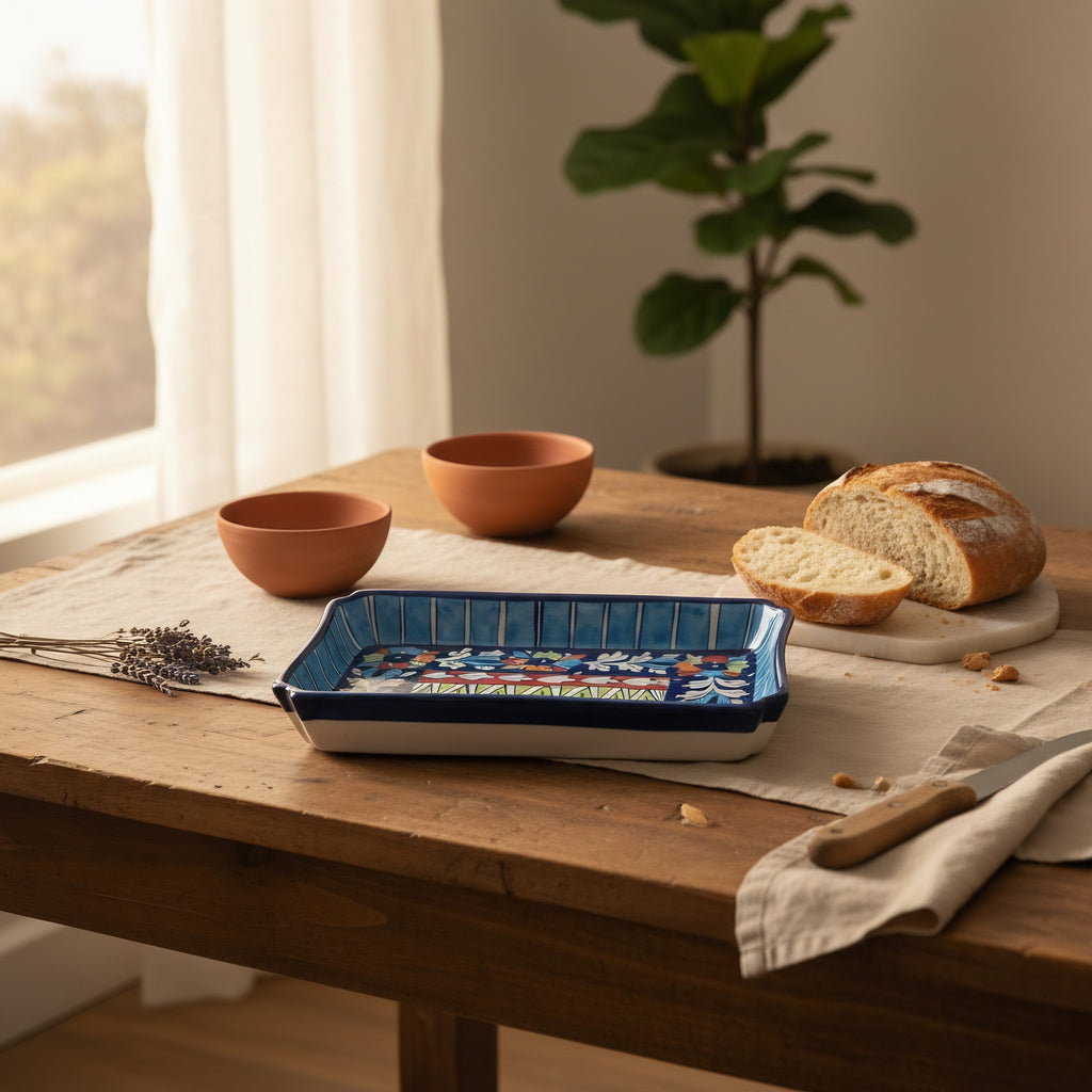 Multicolor Ceramic Blue Pottery Rectangular Serving Dish – 10x7 Inch