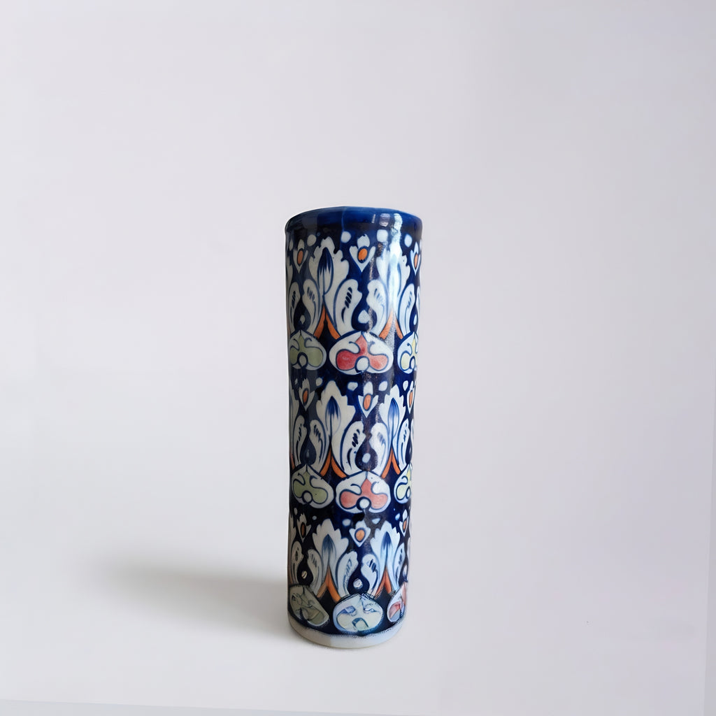 Multicolor Floral Blue Pottery Cylinder Vase — handmade ceramic — Craftan Pakistan