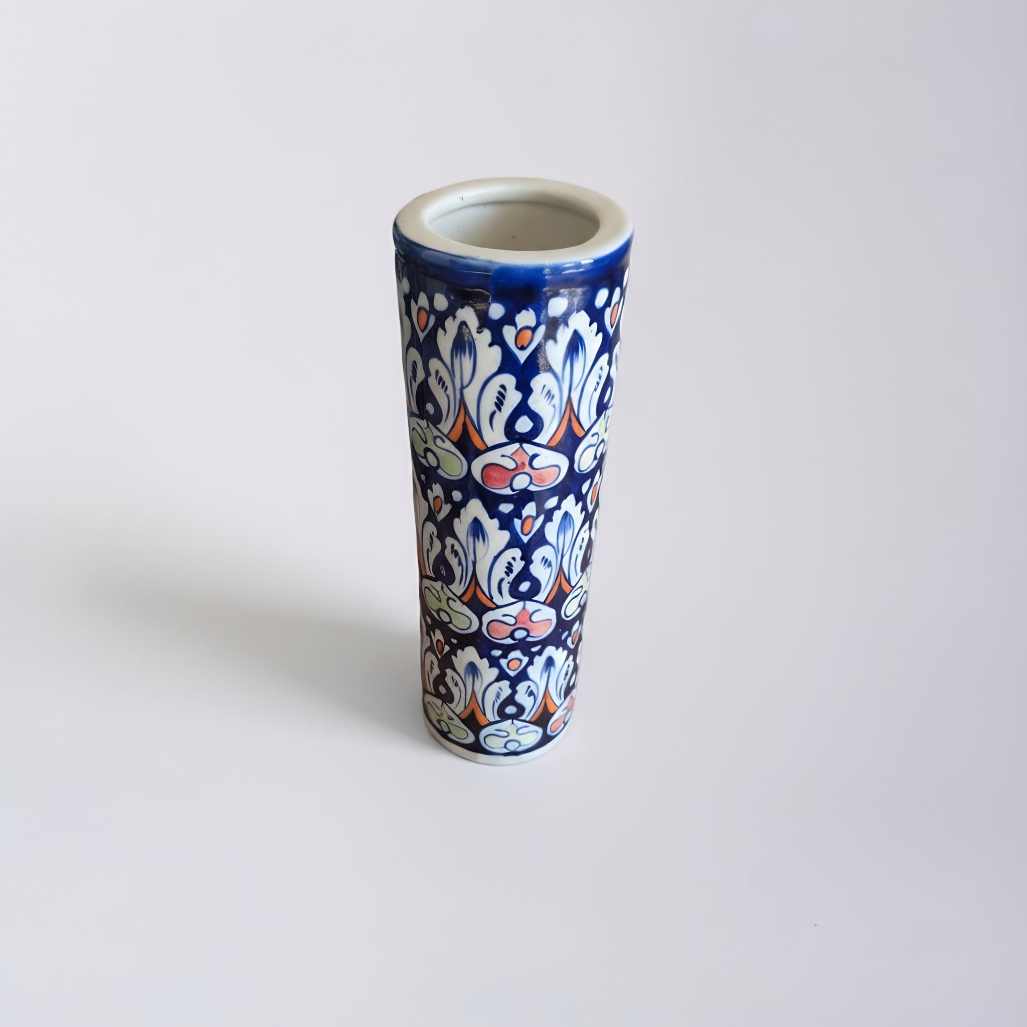 Multicolor Floral Blue Pottery Cylinder Vase — traditional Multani pottery — Craftan Pakistan