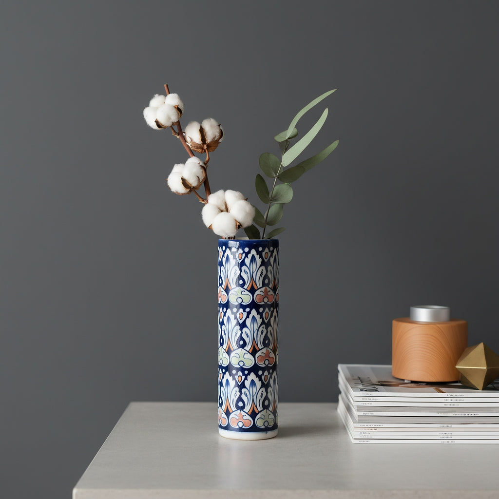 Multicolor Floral Blue Pottery Cylinder Vase — handmade floral ceramic design — Craftan Pakistan