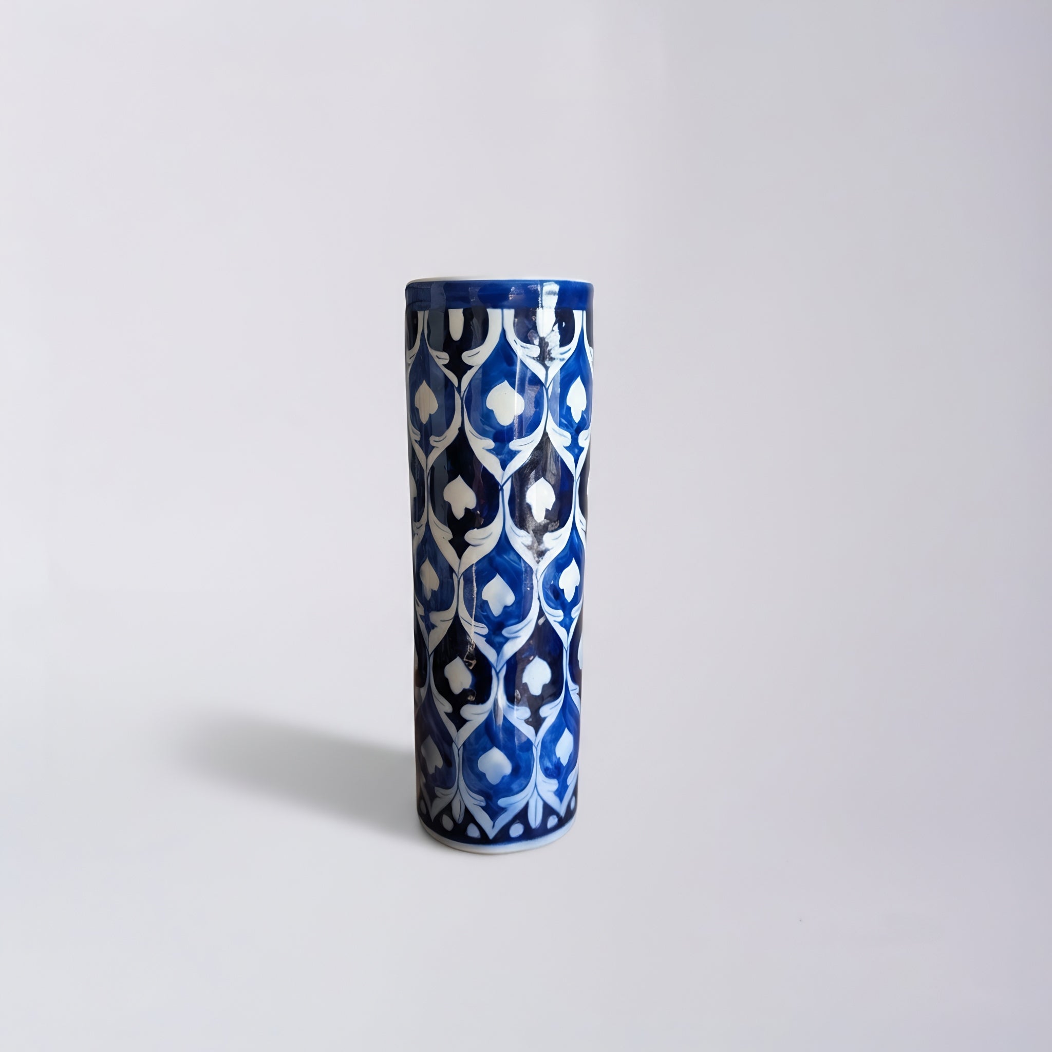 Handmade Blue Pottery Cobalt Arabesque Cylinder Vase — ceramic — Craftan Pakistan