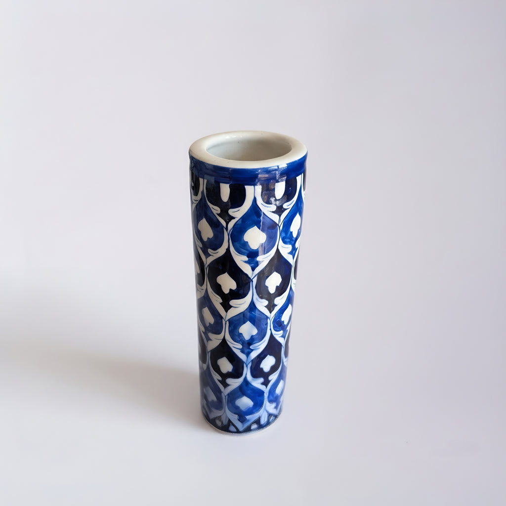 Traditional Pakistani ceramic cylinder vase with handcrafted blue floral motifs