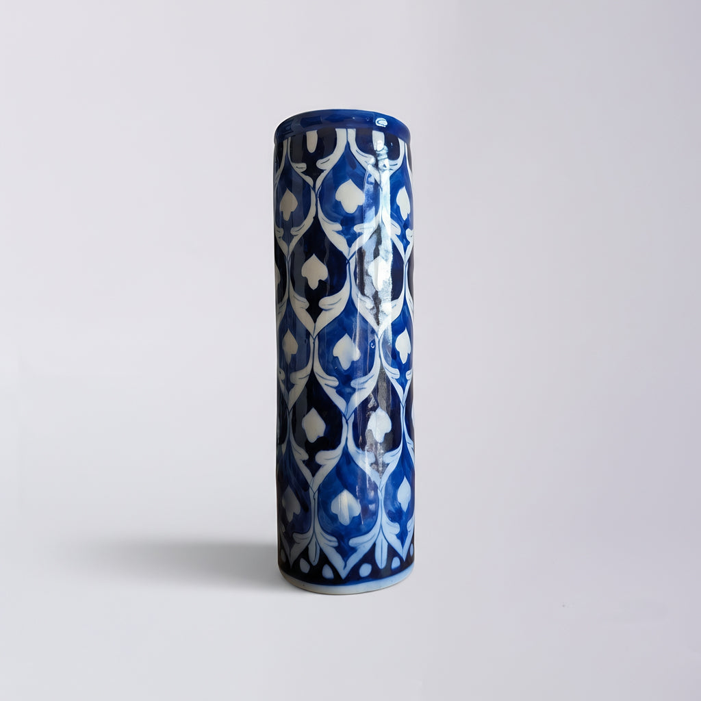 Blue pottery vase showcasing intricate Multani cobalt arabesque patterns — Craftan Pakistan