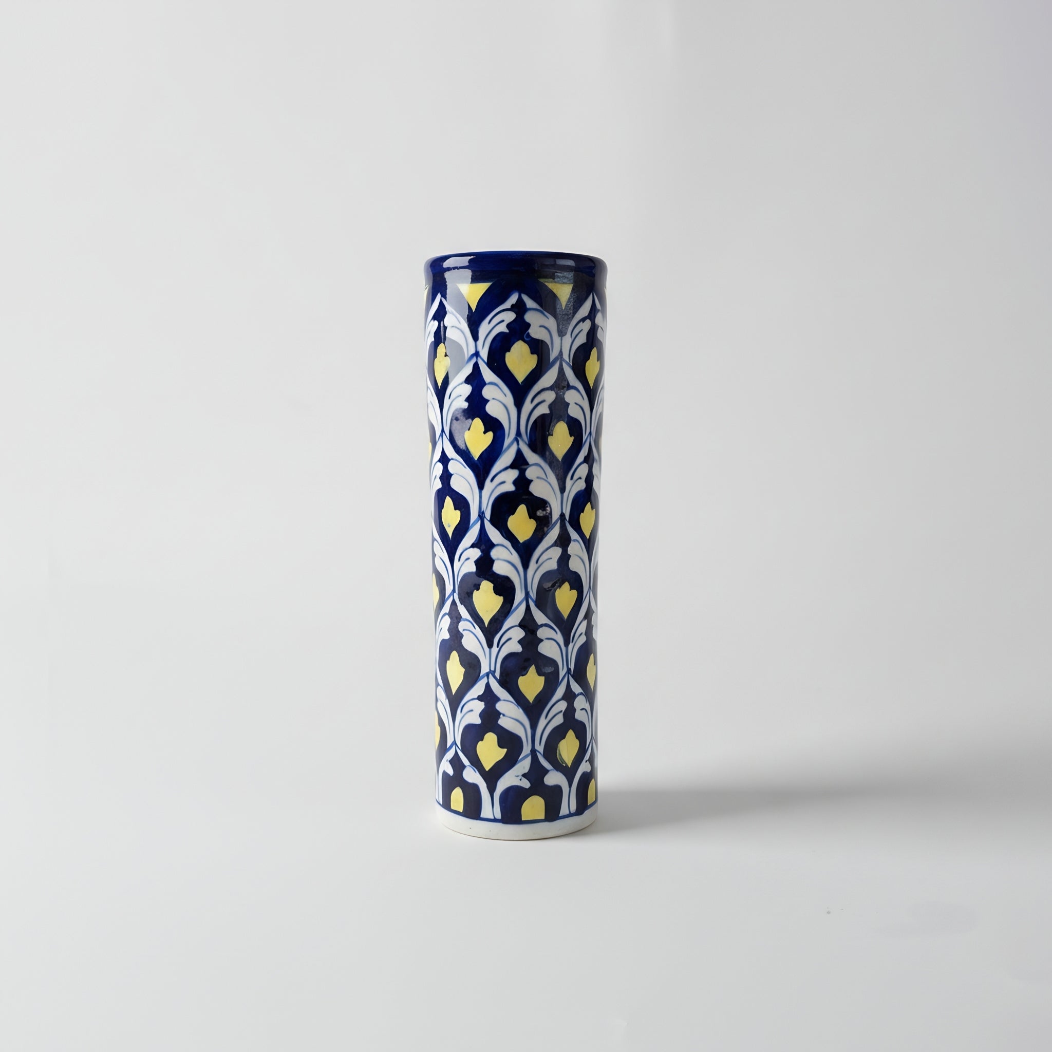 Yellow Heart Cobalt Cylinder Vase — handmade blue pottery — Craftan Pakistan
