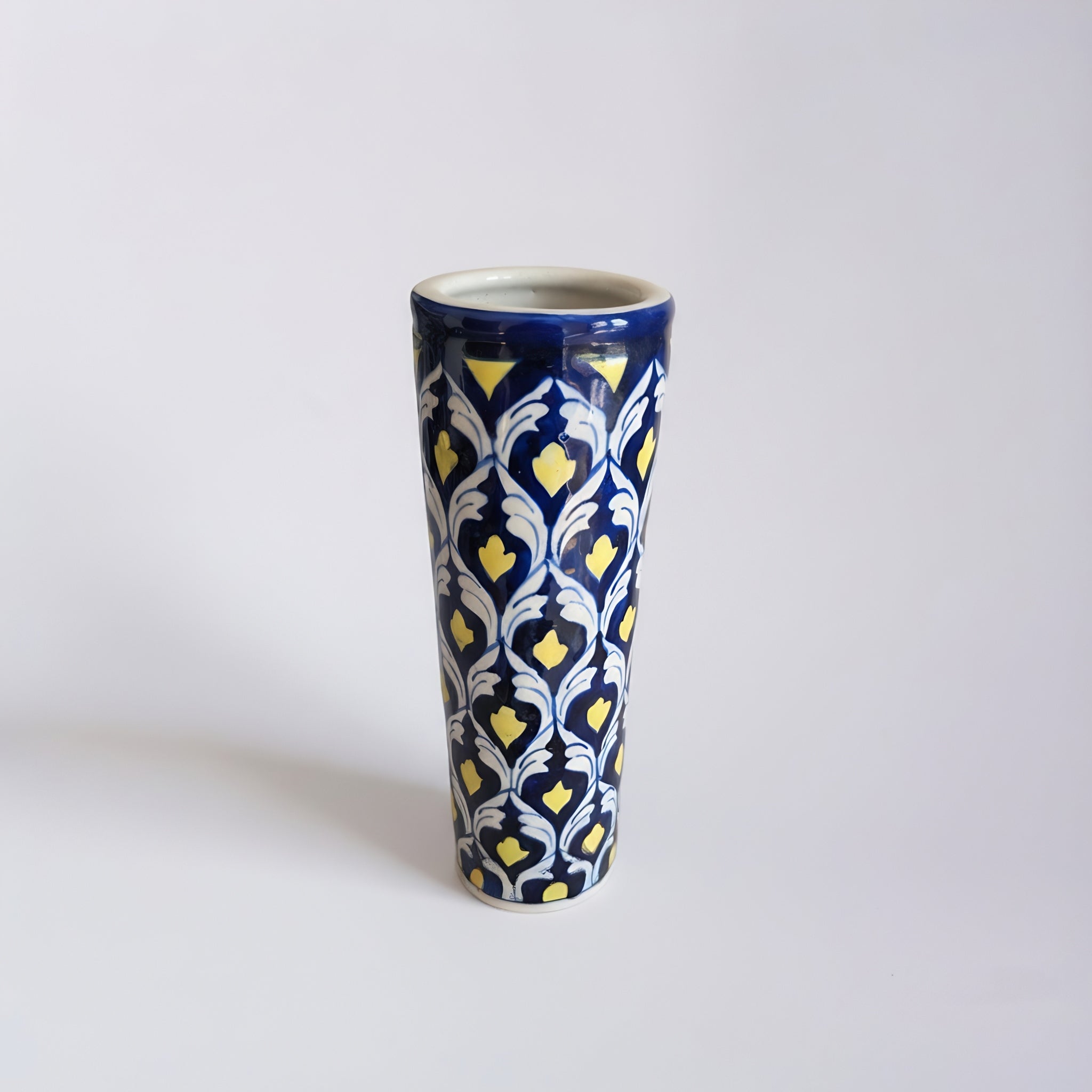 Yellow Heart Cobalt Cylinder Vase — traditional Multani ceramic — Craftan Pakistan
