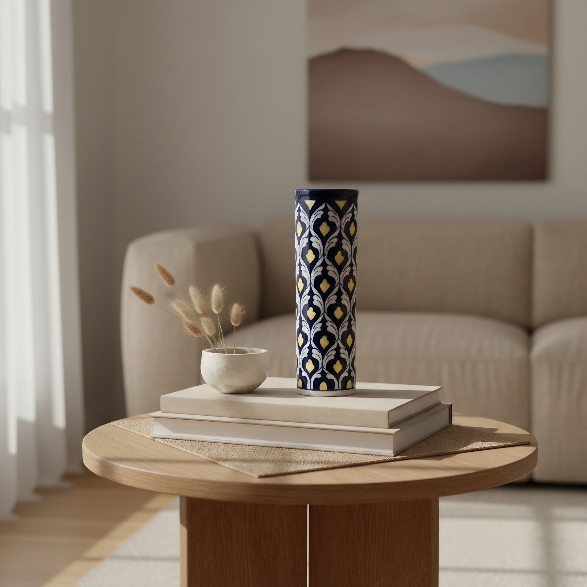 Yellow Heart Cobalt Cylinder Vase — handcrafted blue pottery pattern — Craftan Pakistan