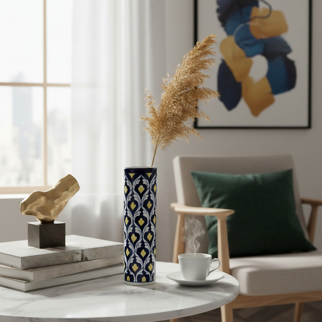 Yellow Heart Cobalt Cylinder Vase — traditional Pakistani pottery design — Craftan Pakistan