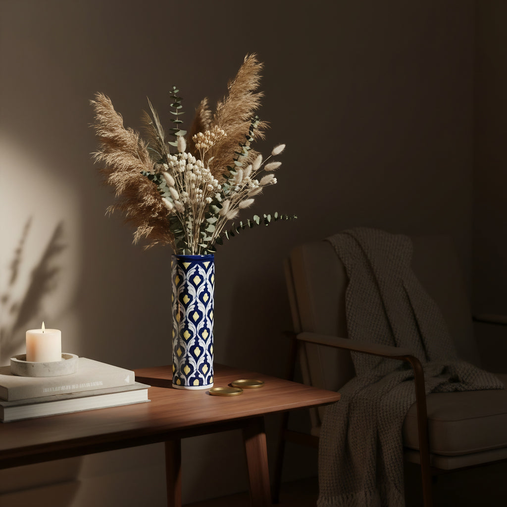Yellow Heart Cobalt Cylinder Vase — handmade ceramic interior view — Craftan Pakistan