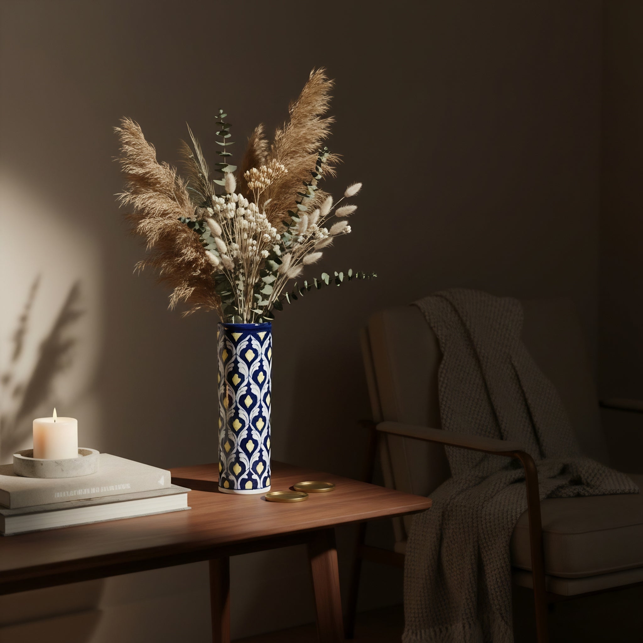 Yellow Heart Cobalt Cylinder Vase — handmade ceramic interior view — Craftan Pakistan