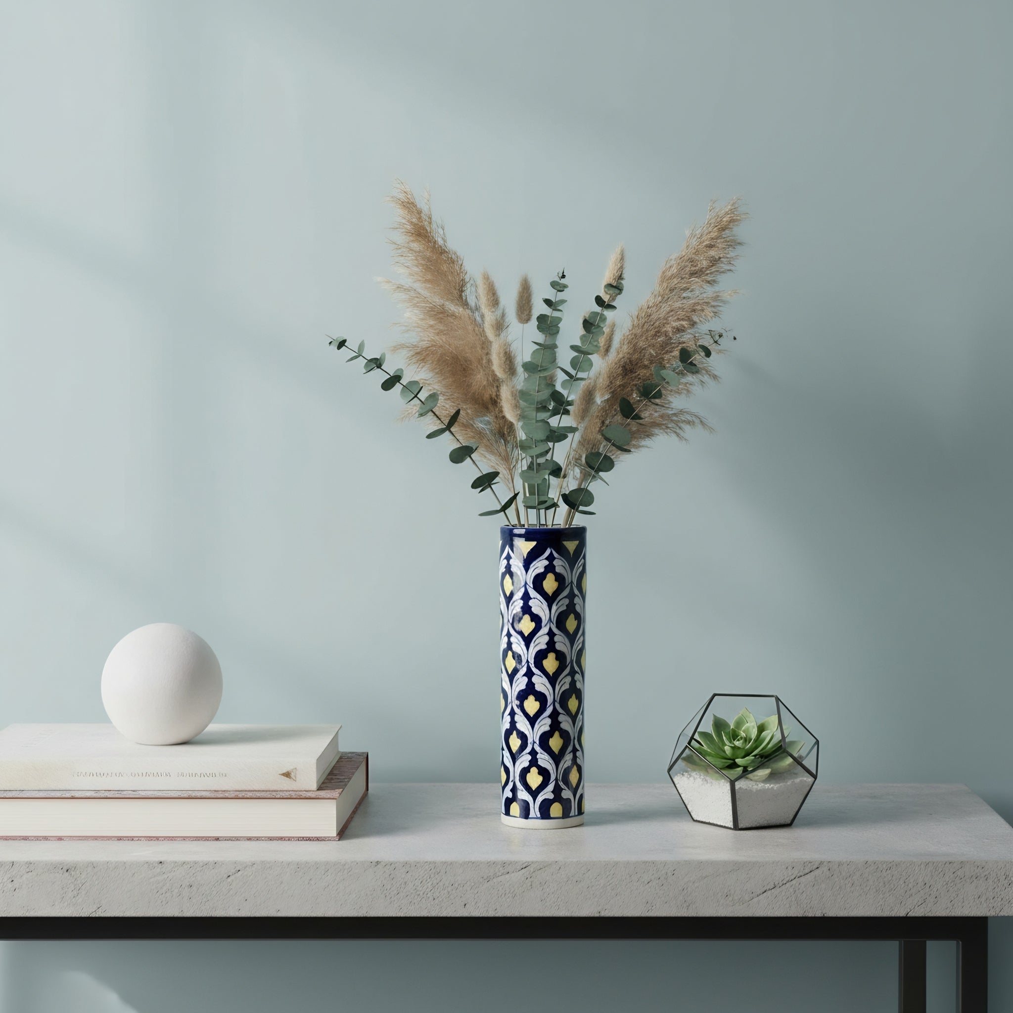 Yellow Heart Cobalt Cylinder Vase — Multani ceramic craftsmanship — Craftan Pakistan