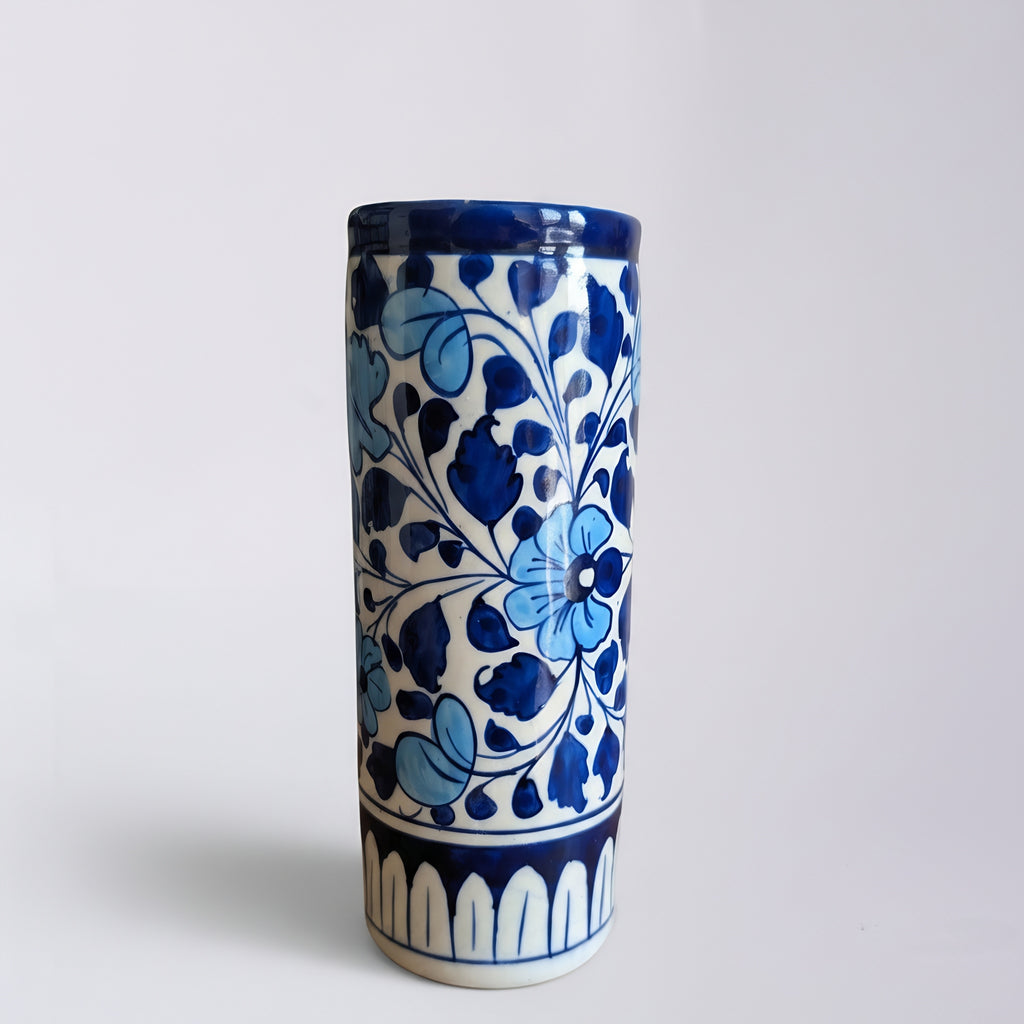 Sky-Blue Floral Cylinder Decor Vase — handmade blue pottery — Craftan Pakistan