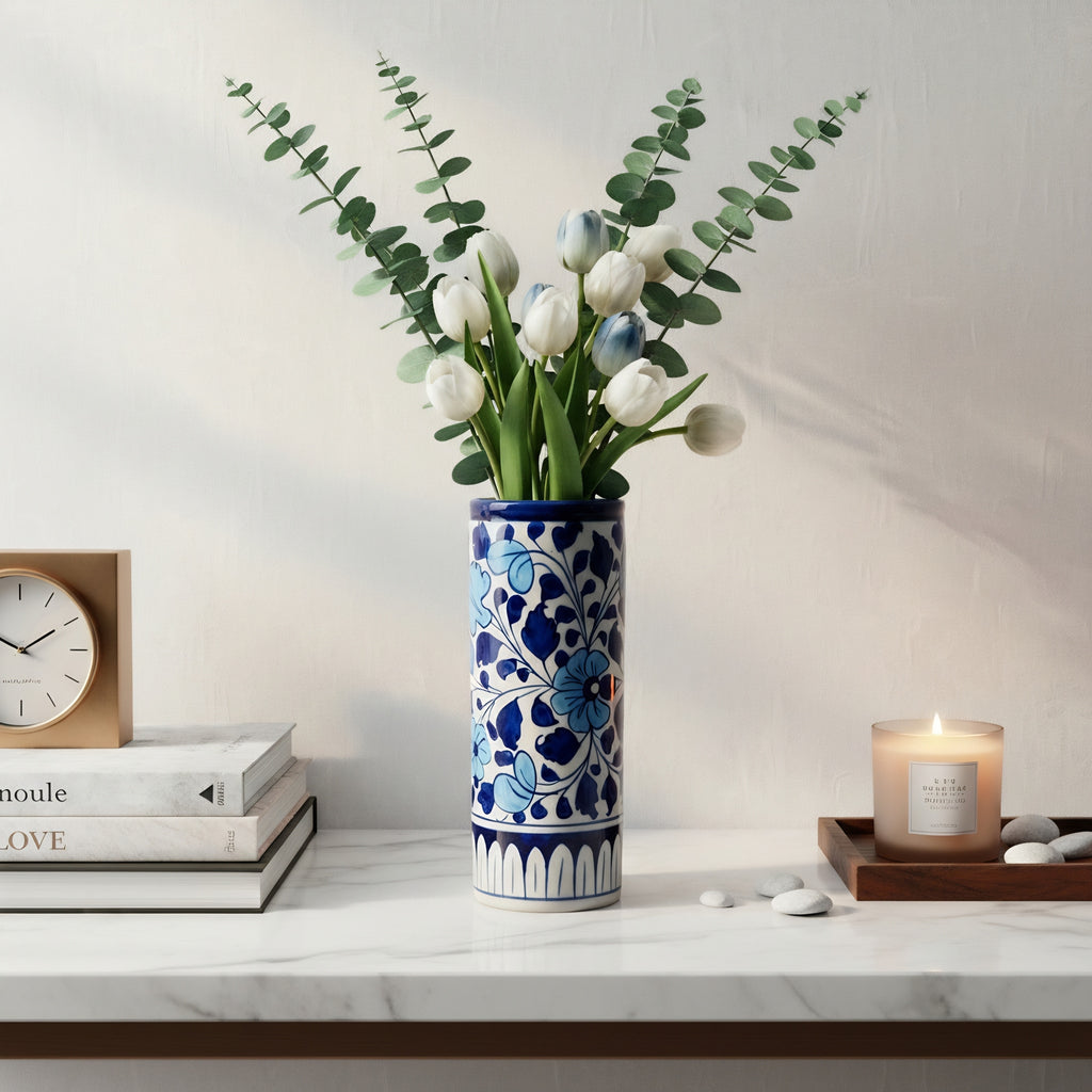 Sky-Blue Floral Cylinder Decor Vase — traditional Pakistani pottery detail — Craftan Pakistan