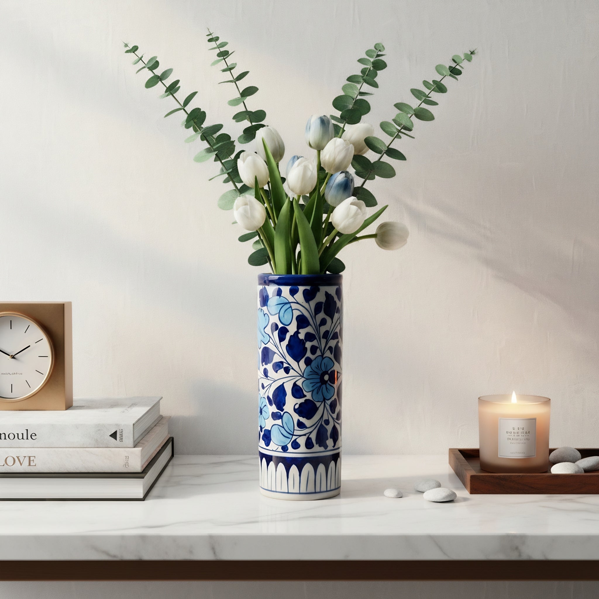 Sky-Blue Floral Cylinder Decor Vase — traditional Pakistani pottery detail — Craftan Pakistan