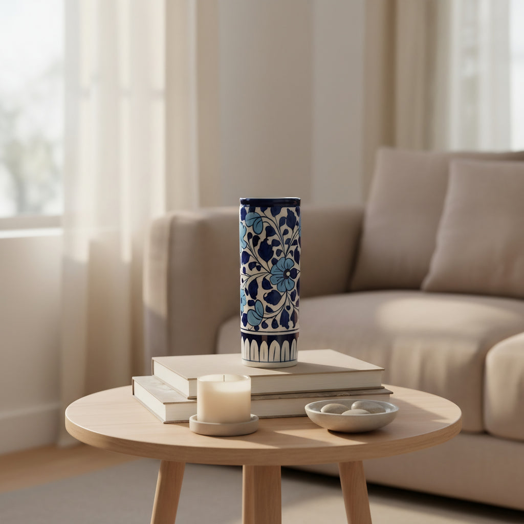 Sky-Blue Floral Cylinder Decor Vase — Multani ceramic artisan craft — Craftan Pakistan