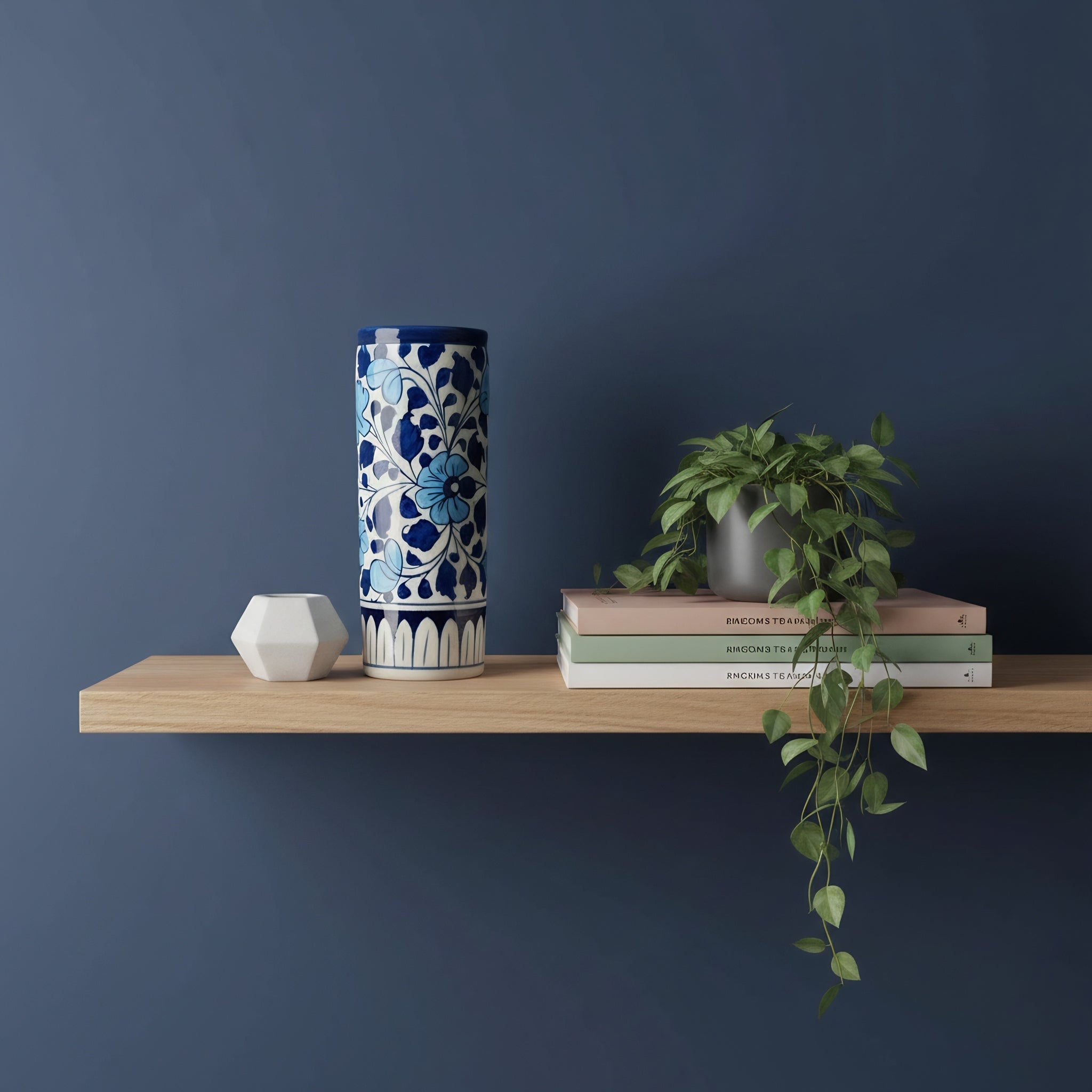 Sky-Blue Floral Cylinder Decor Vase — Multani handmade statement piece — Craftan Pakistan