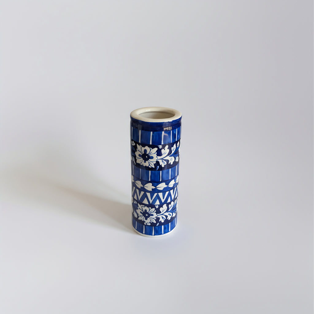 Blue Pottery Tall Vase – 9 inch Handmade Ceramic Cylinder for Decor or Florals