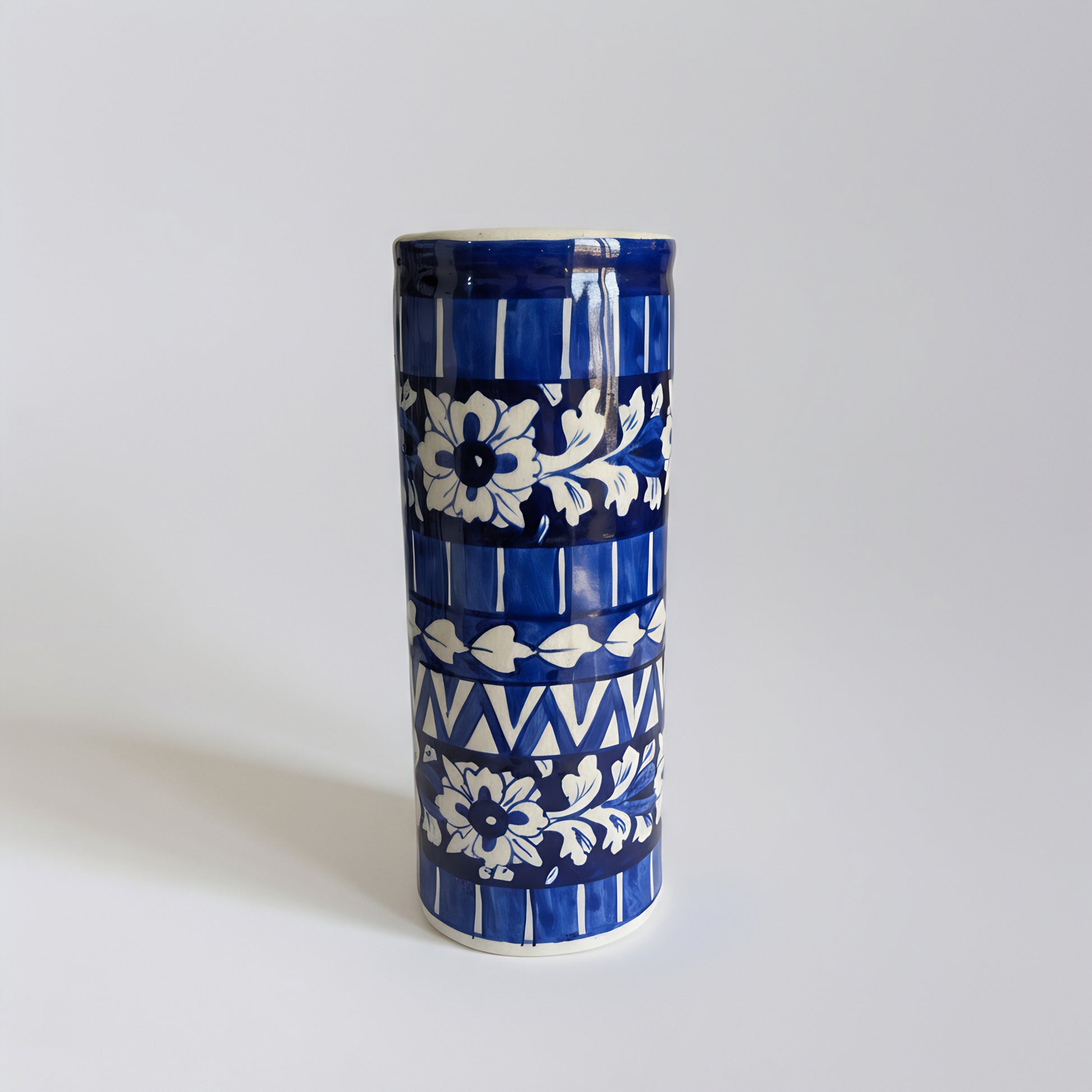 Blue Pottery Tall Vase – 9 inch Handmade Ceramic Cylinder for Decor or Florals