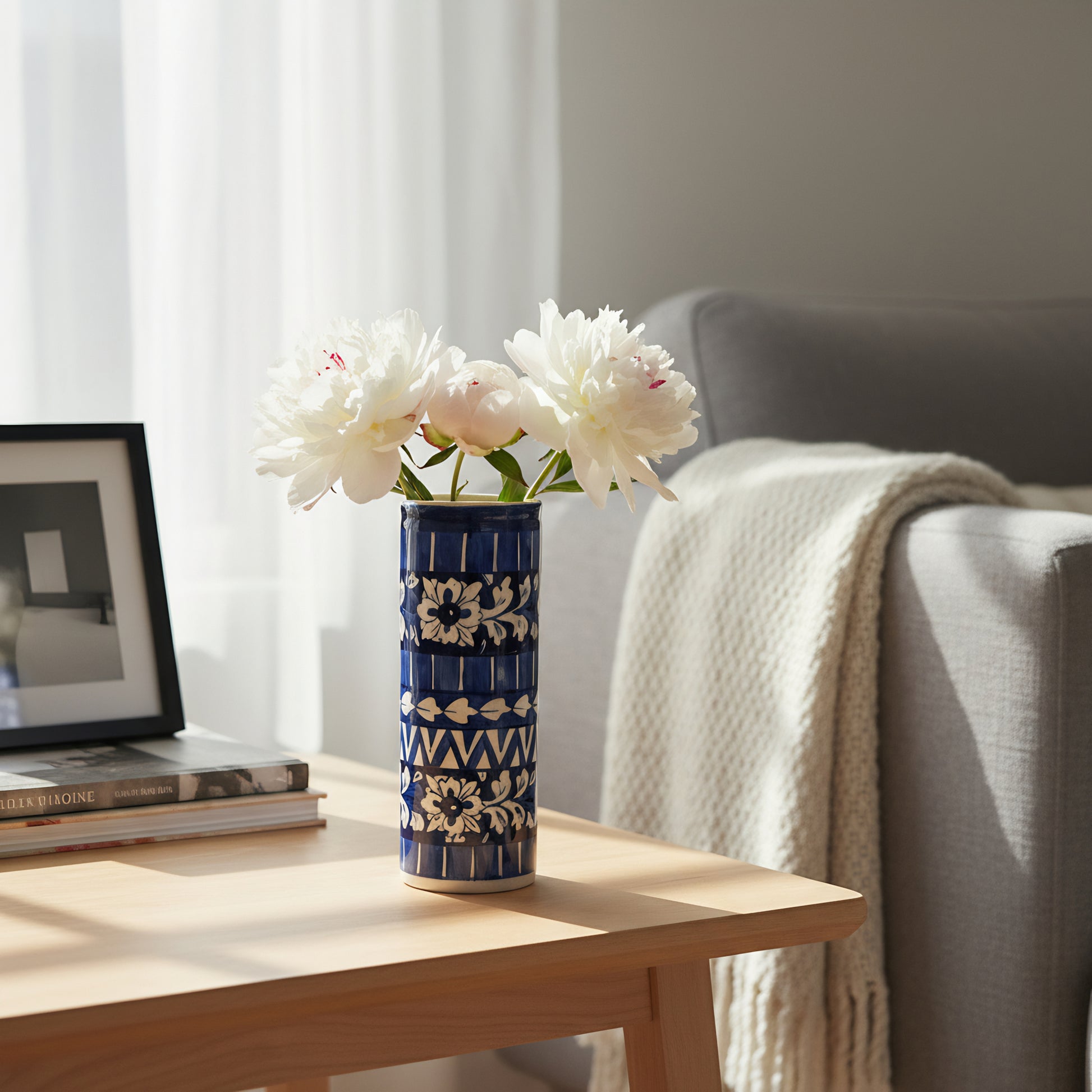 Blue Pottery Tall Vase – 9 inch Handmade Ceramic Cylinder for Decor or Florals