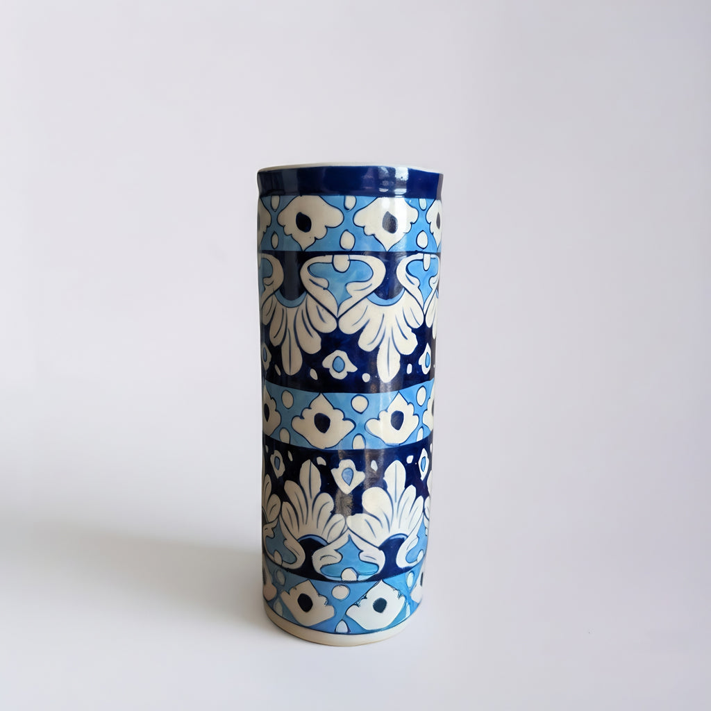 Handmade Blue Pottery Layered Floral Cylinder Vase — ceramic — Craftan Pakistan