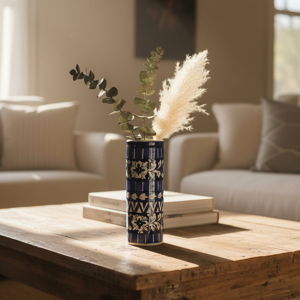 Blue Pottery Tall Vase – 9 inch Handmade Ceramic Cylinder for Decor or Florals