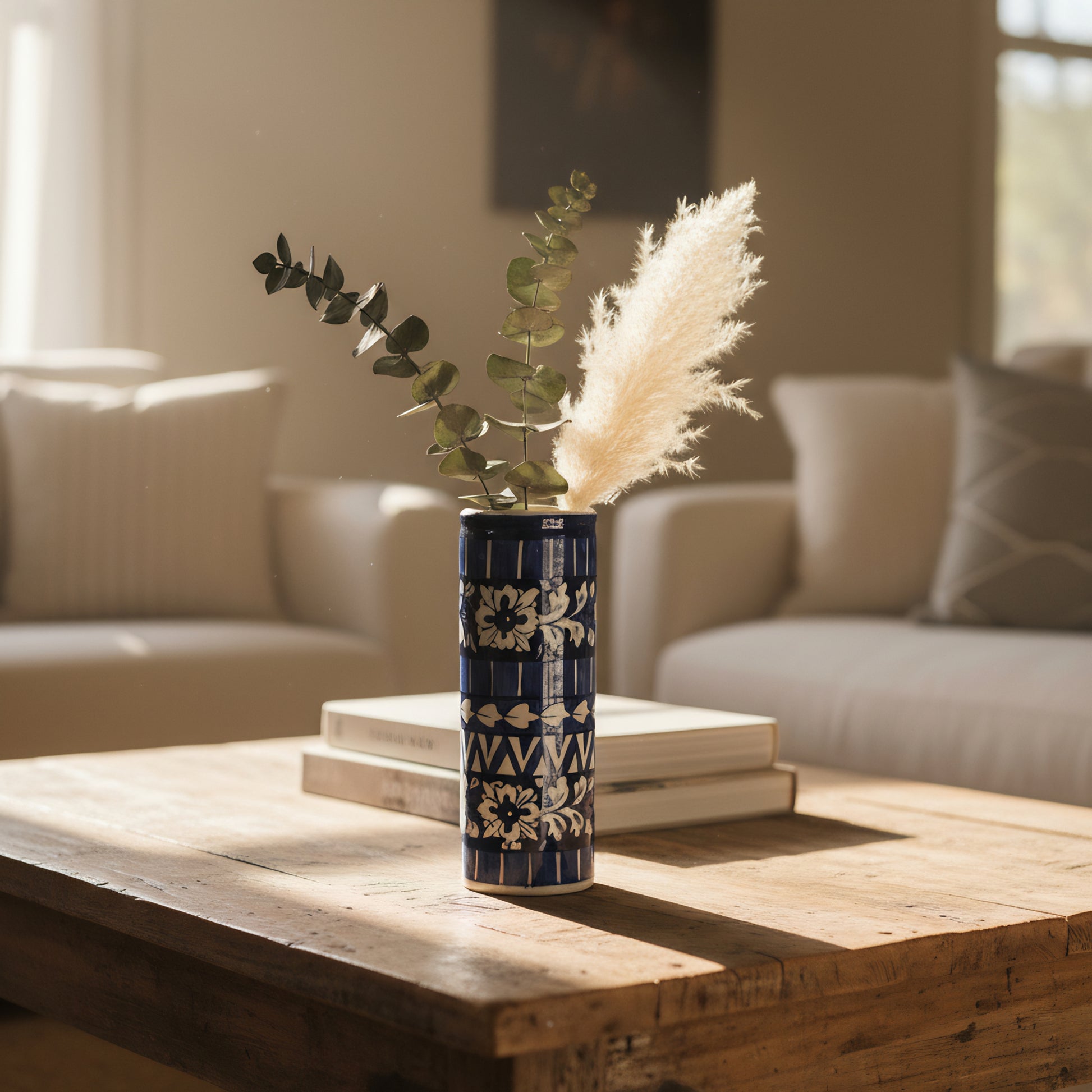 Blue Pottery Tall Vase – 9 inch Handmade Ceramic Cylinder for Decor or Florals