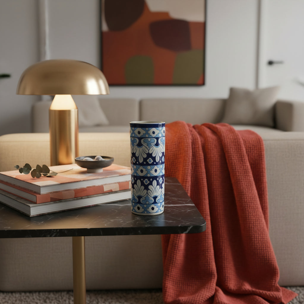 Pakistani ceramic vase featuring traditional blue pottery glazing and floral motifs — Craftan Pakistan