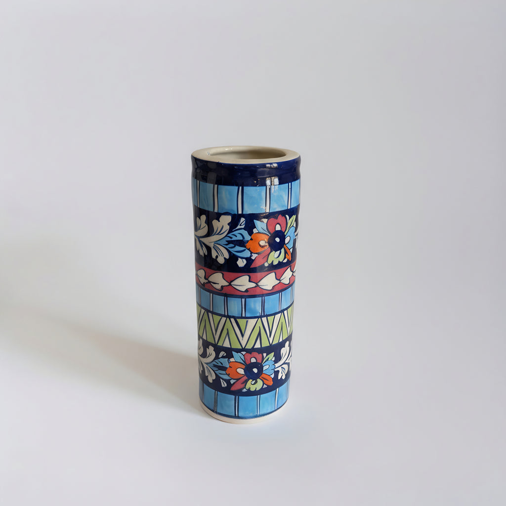 Blue Pottery Cylindrical Vase – 9-inch-Tall Handmade Ceramic Vase for Decor or Florals