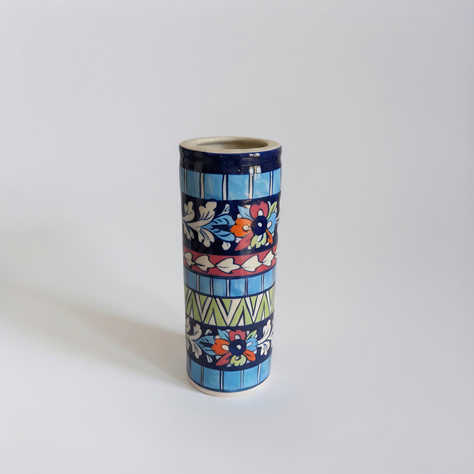 Blue Pottery Cylindrical Vase – 9-inch-Tall Handmade Ceramic Vase for Decor or Florals