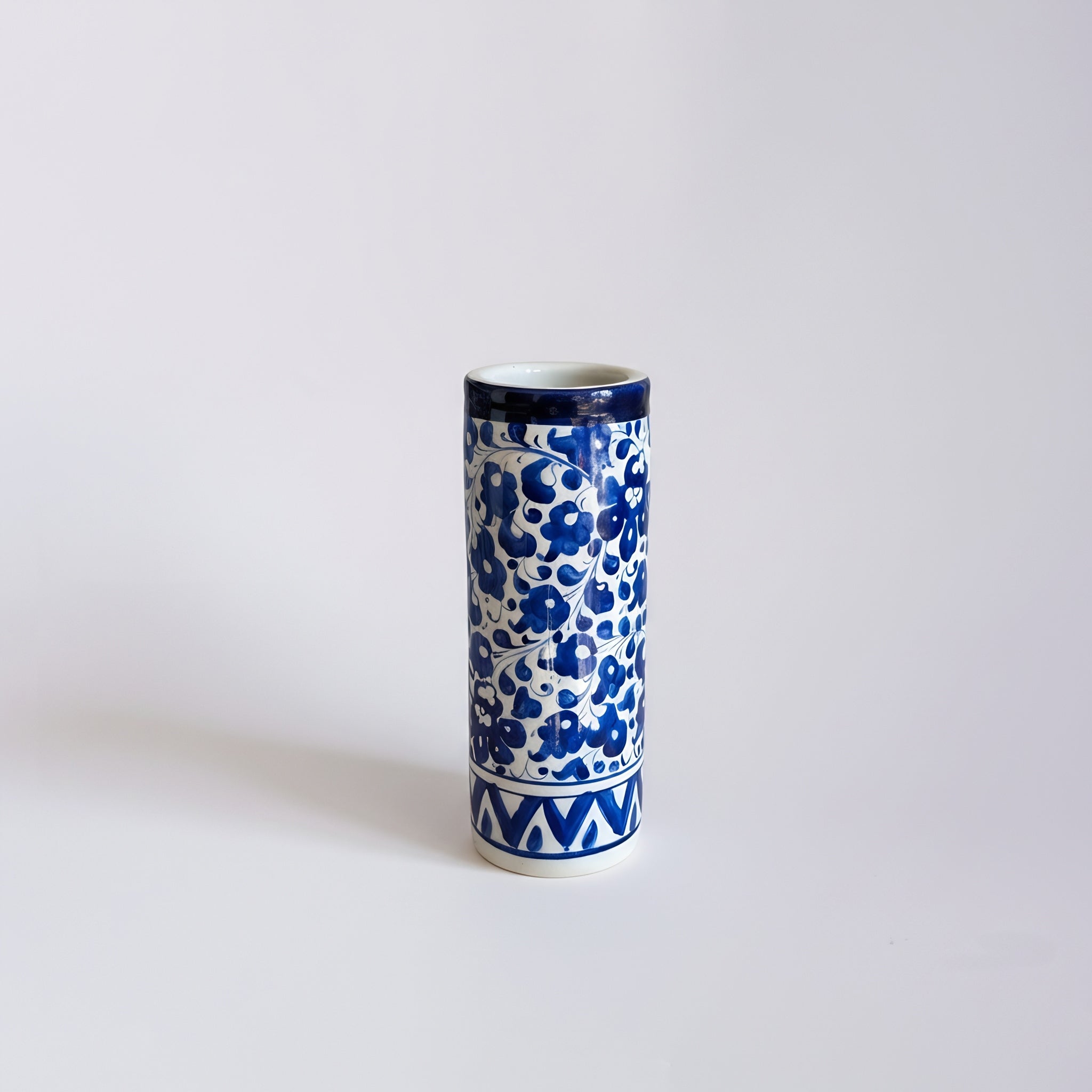 Handmade Blue Pottery Cylinder Vase — ceramic artisan decor — Craftan Pakistan