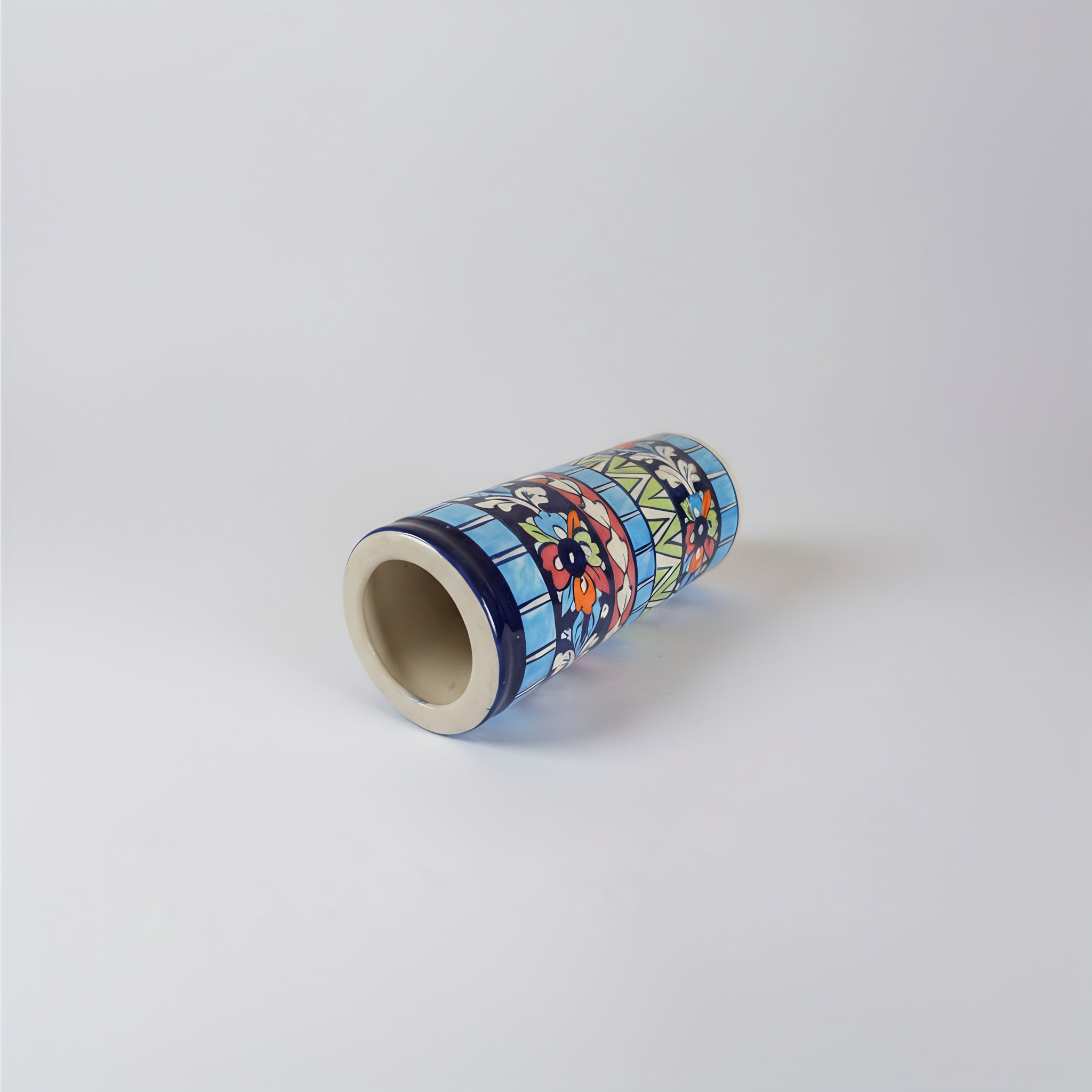 Blue Pottery Cylindrical Vase – 9-inch-Tall Handmade Ceramic Vase for Decor or Florals