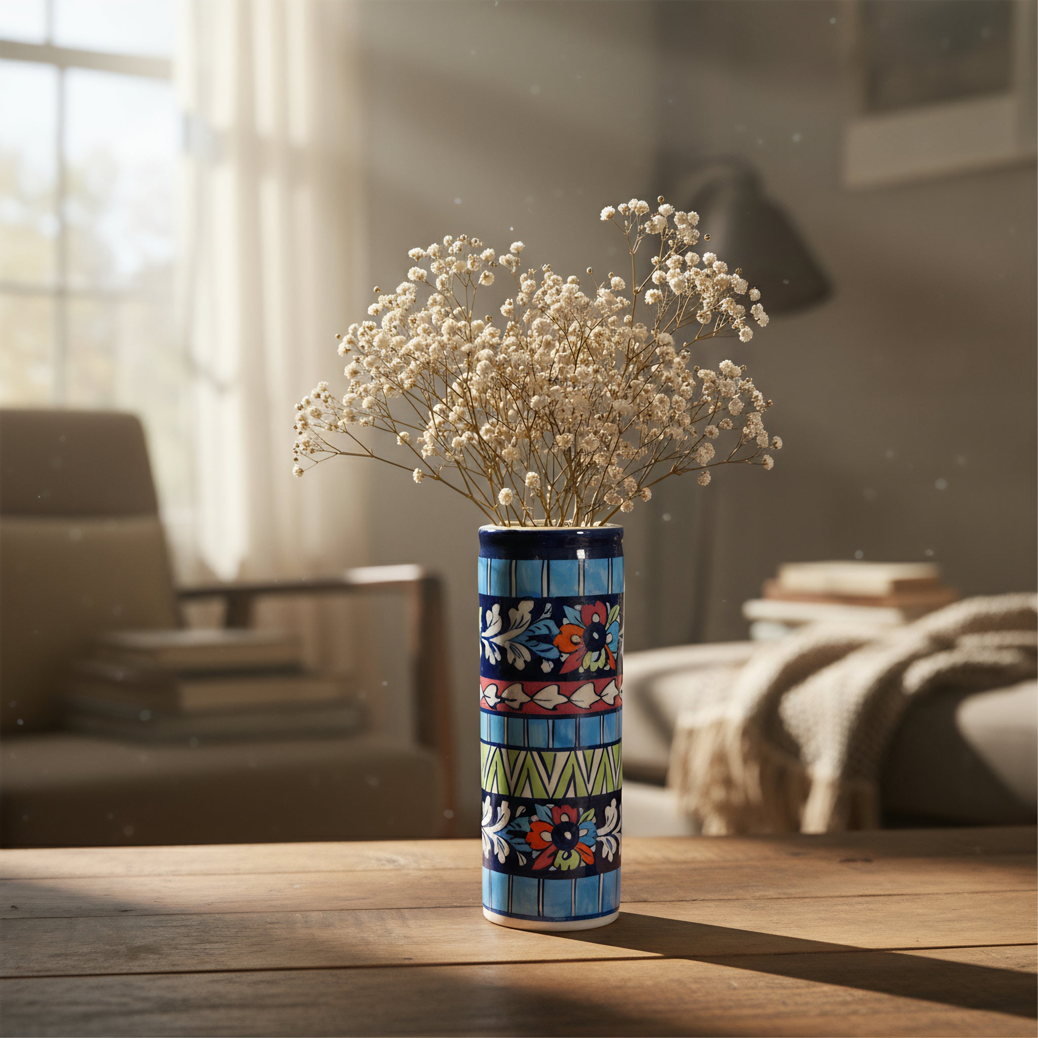 Blue Pottery Cylindrical Vase – 9-inch-Tall Handmade Ceramic Vase for Decor or Florals