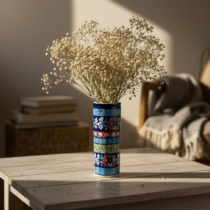 Blue Pottery Cylindrical Vase – 9-inch-Tall Handmade Ceramic Vase for Decor or Florals