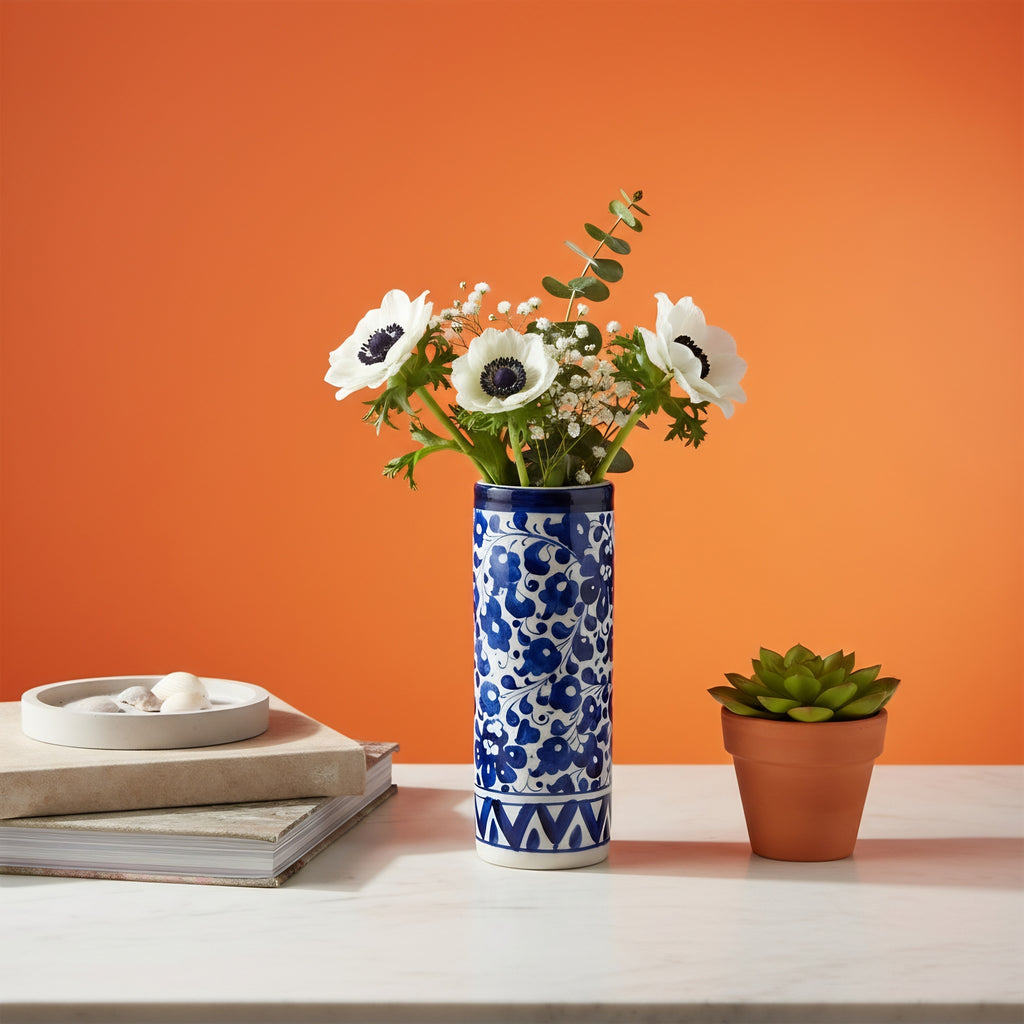 Handcrafted Ceramic Cylinder Vase — genuine Pakistani blue pottery design — Craftan Pakistan